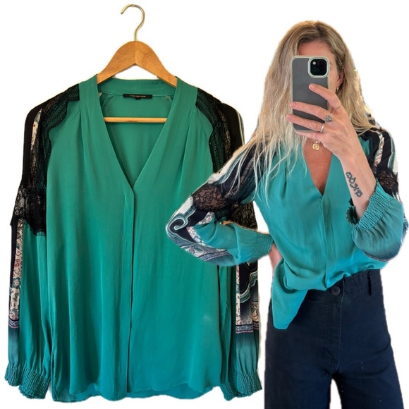 Vintage Kobi Halperin Black Lace Accents Teal Silk Button V Neck Shirt Blouse - Picture 1 of 15